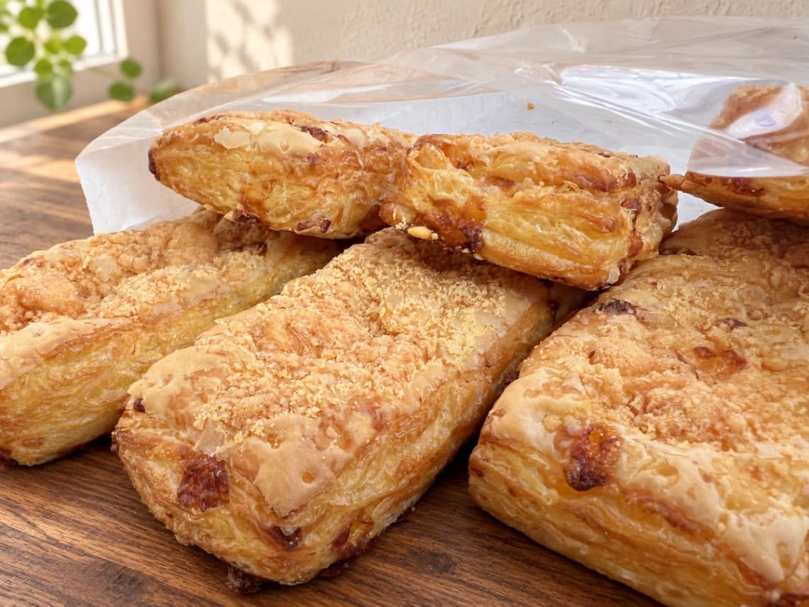 コストコのチーズパフデニッシュを袋から出した状態｜チーズが香ばしく焼けたデニッシュ