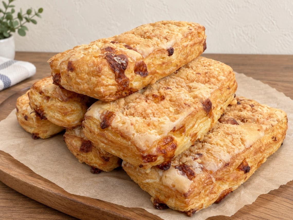 コストコ「チーズパフデニッシュ」6個を木製プレートに盛り付けた様子