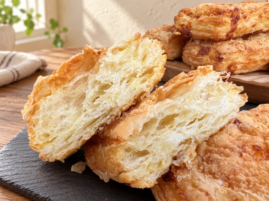 コストコのチーズパフデニッシュ断面｜何層にも重なったデニッシュ生地のサクサク食感