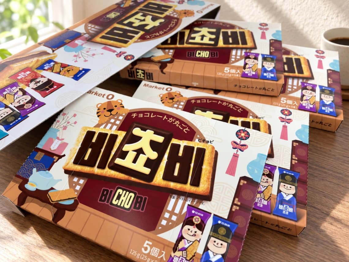 コストコの韓国お菓子「ビチョビ」4箱セットの中身。1箱5本入りの小箱が並び、Market Oのカラフルなパッケージデザインがわかる様子