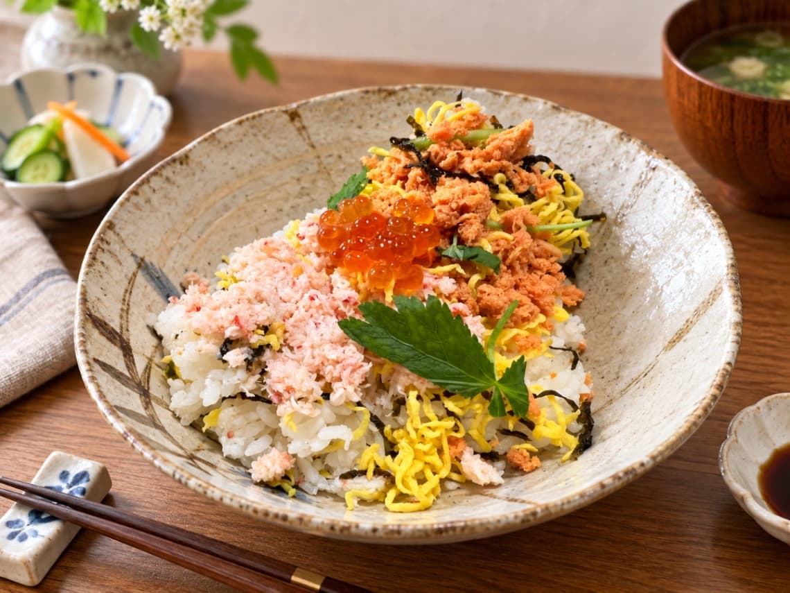 コストコ「蟹と鮭のちらし寿司」ずわい蟹と鮭を和食器に盛り付けた写真
