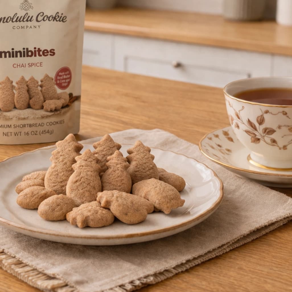 コストコで販売されている「ホノルルクッキー ミニバイツ チャイスパイス」を紅茶と一緒にテーブルに並べたティータイム風ディスプレイ