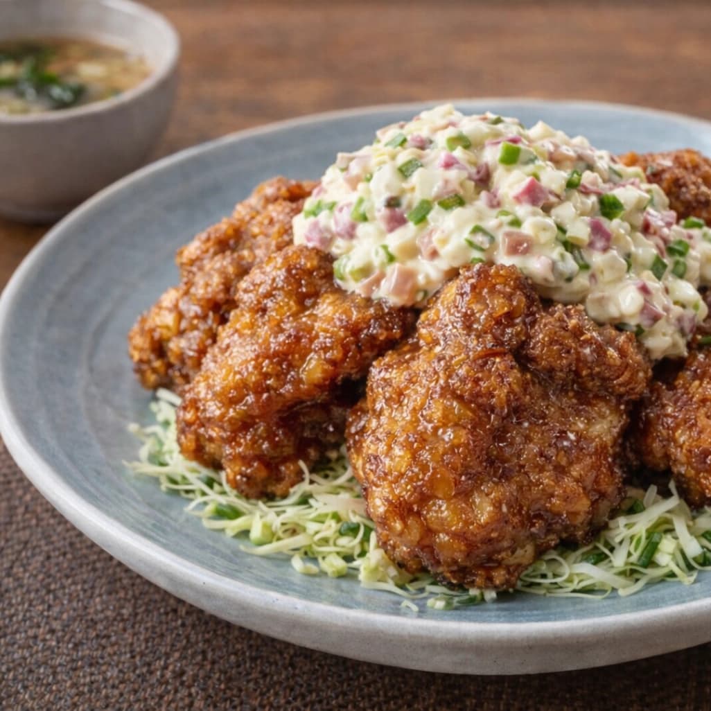 クランチーグレイズドチキンにタルタルソースをかけたアレンジ料理