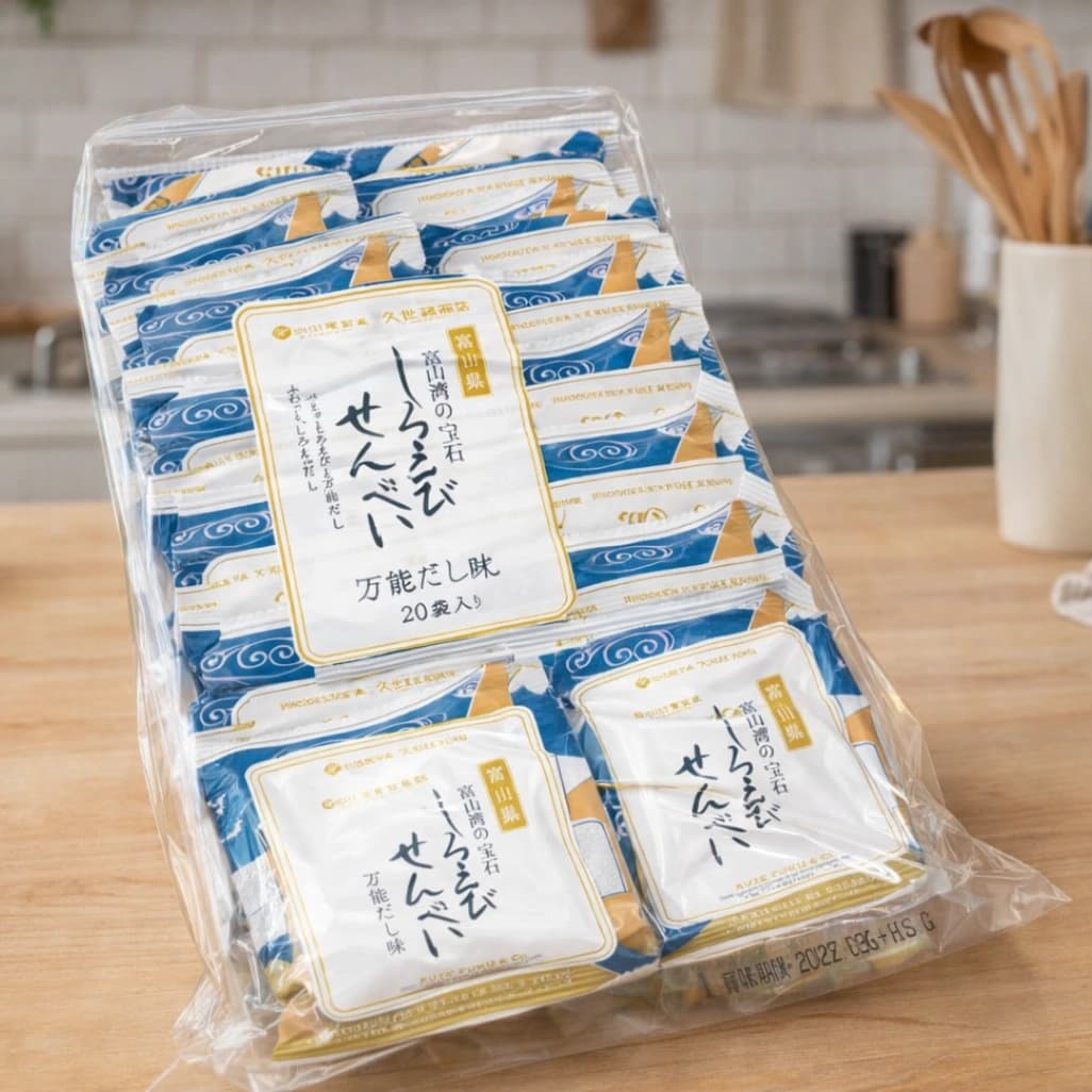 コストコで販売されている久世福商店「しろえびせんべい 万能だし味」20袋入りの外観