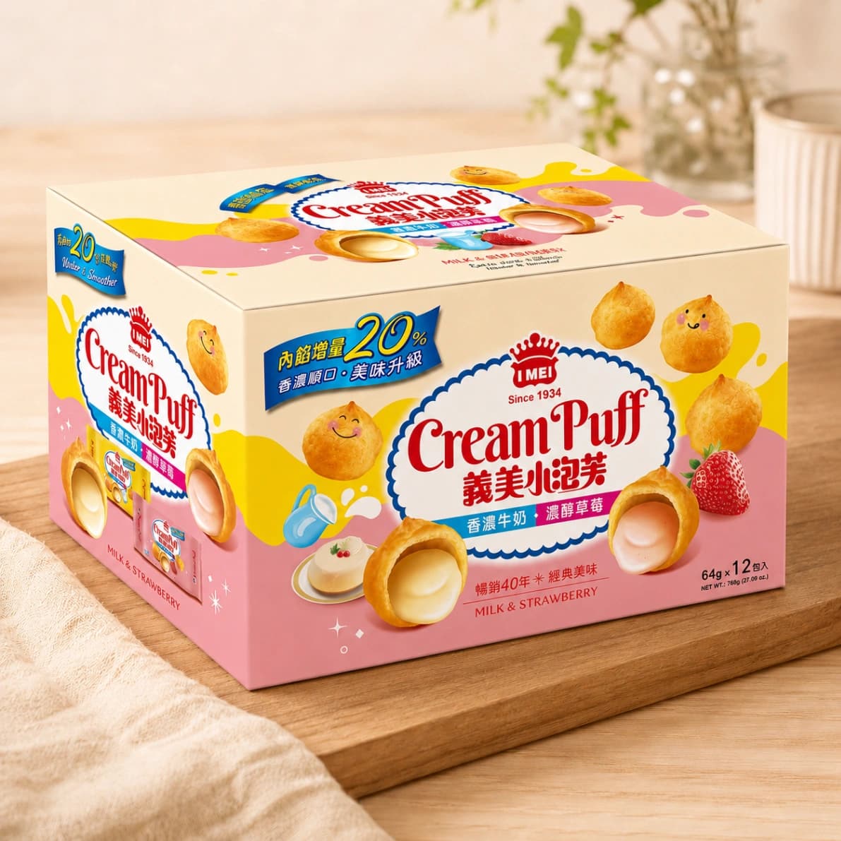 コストコイーメイ クリームパフ ストロベリー&ミルクのパッケージ外観