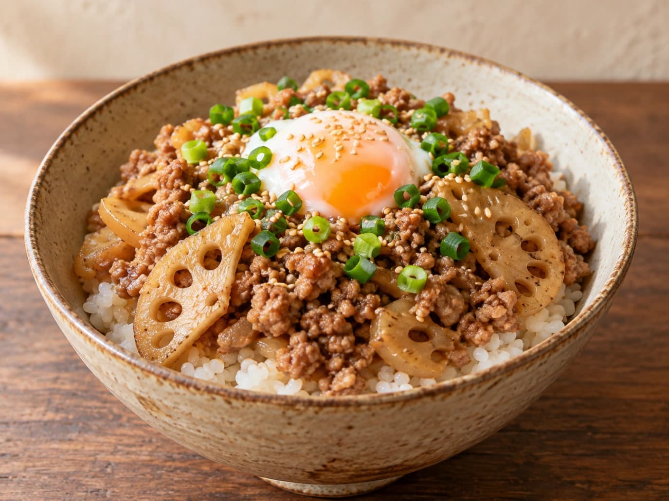 コストコの豚ひき肉とれんこんで作った甘辛そぼろ丼の完成写真