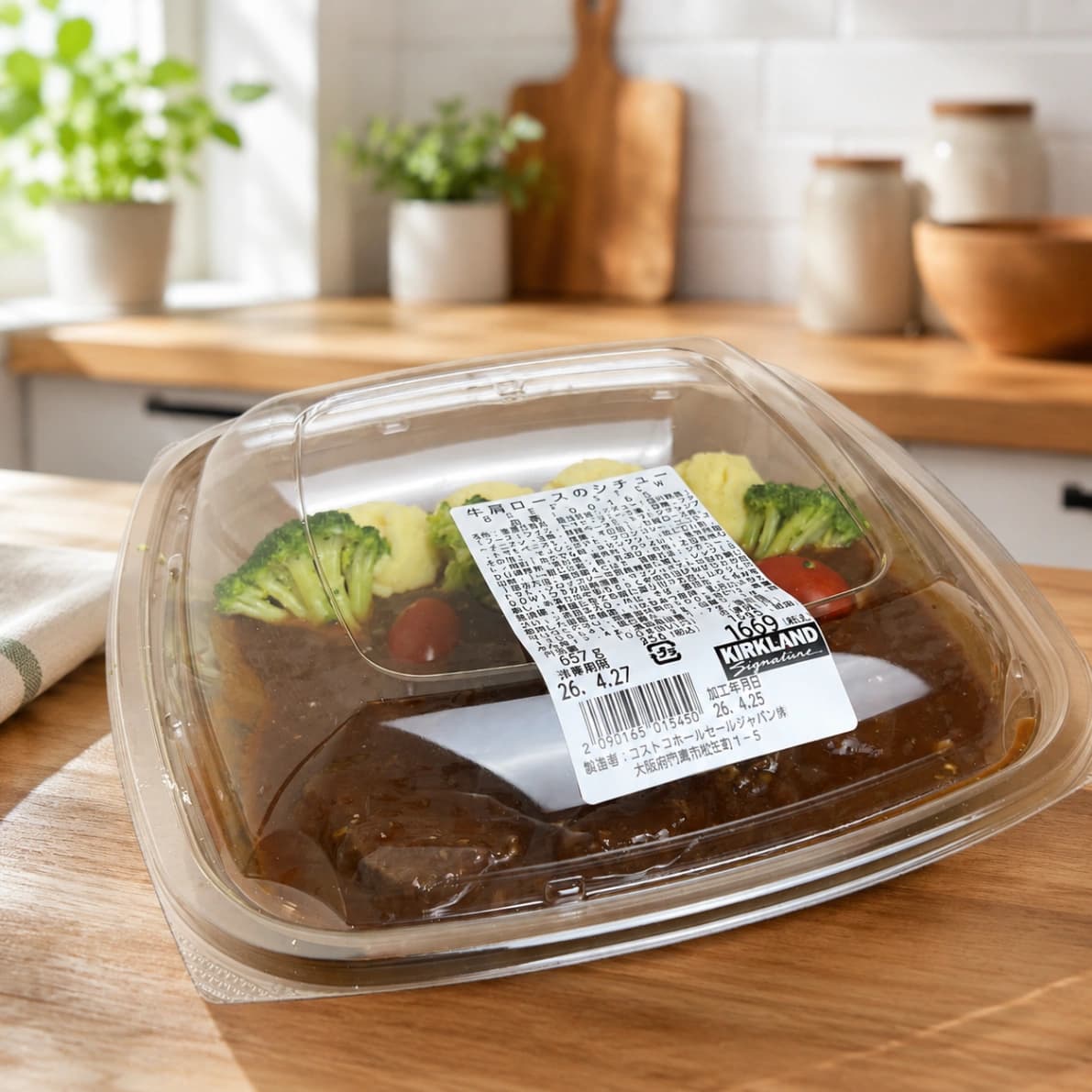 コストコの牛肩ロースのシチューをキッチンに置いた商品パッケージ画像