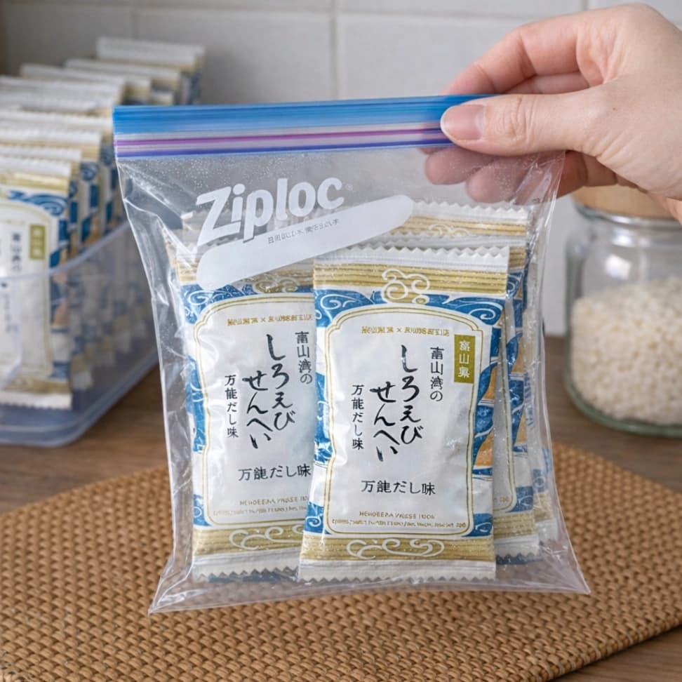 しろえびせんべい（万能だし味）の個包装をジップロックに入れて湿気対策している様子