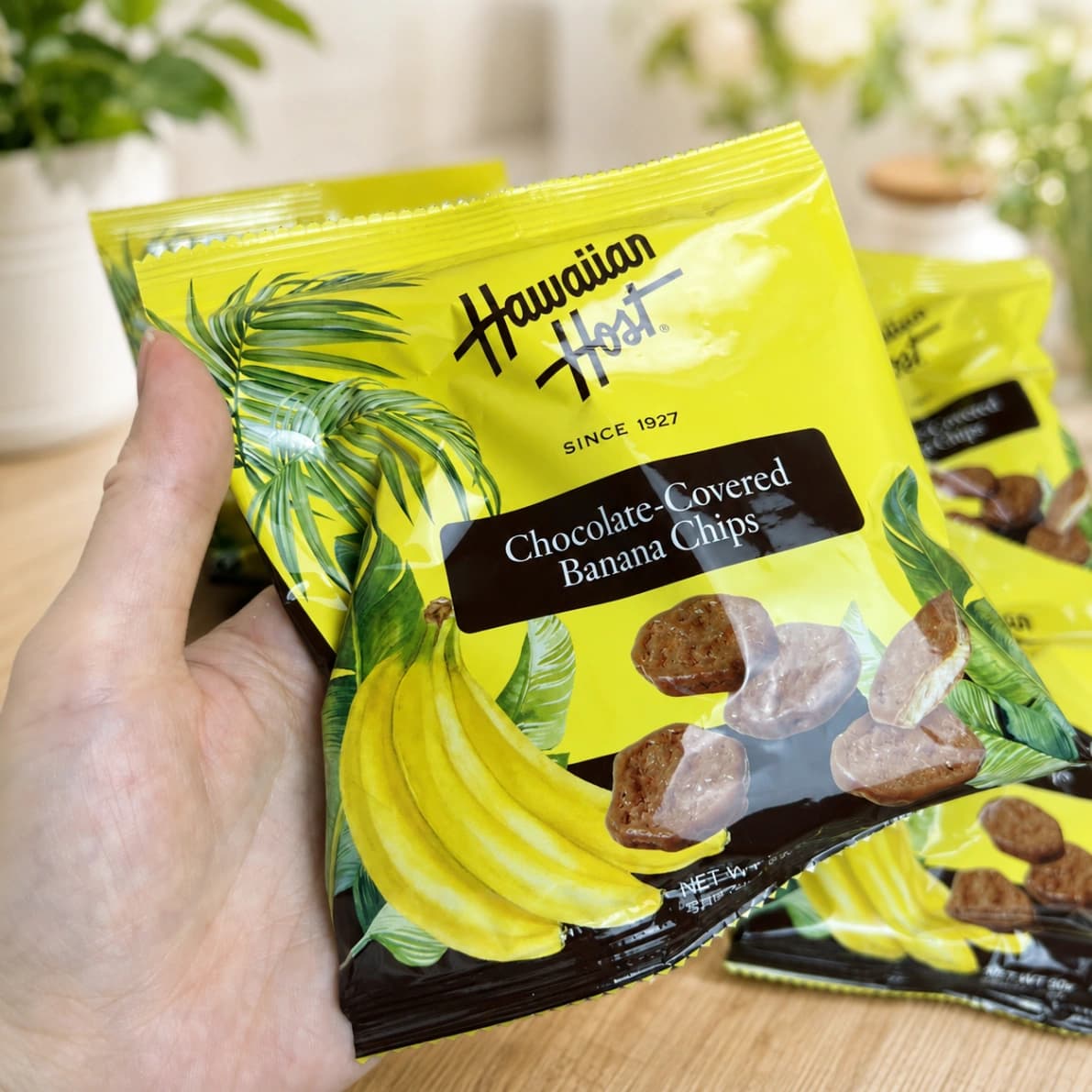 コストコのハワイアンホースト チョコバナナチップスの小袋を手に持ったサイズ感