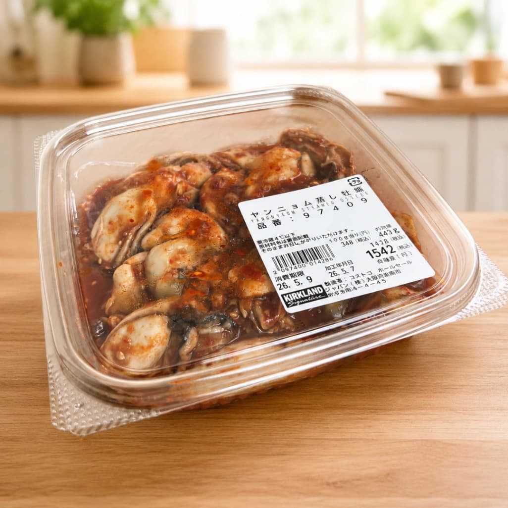 コストコのヤンニョム蒸し牡蠣をキッチンに置いた商品パッケージ画像