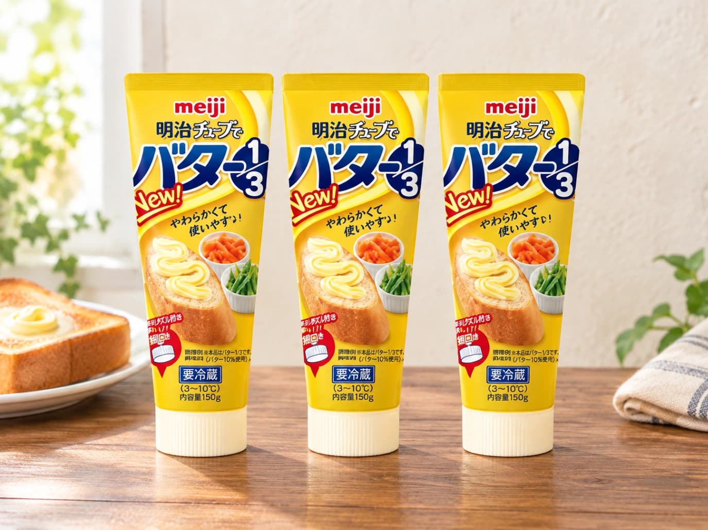 明治 チューブでバター 150g×3本を木目テーブルに並べた商品画像｜コストコ購入品レビュー