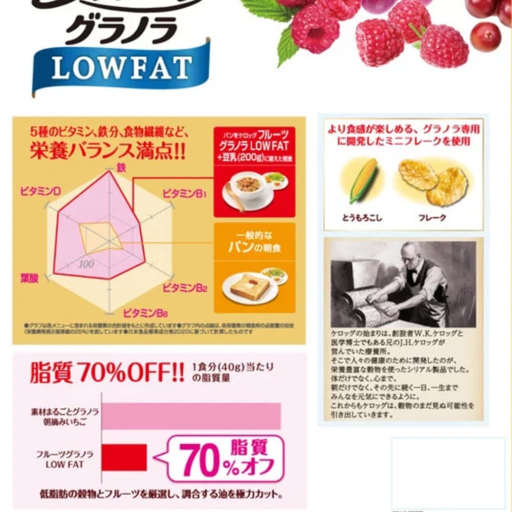 コストコのケロッグ「フルーツグラノラ LOWFAT」パッケージ裏面の特徴説明（栄養バランス・脂質70%オフの図解）