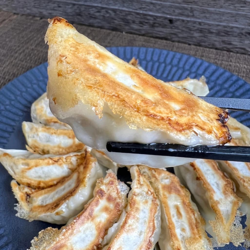 コストコの餃子計画 生餃子を焼き上げ箸で持ち上げた様子