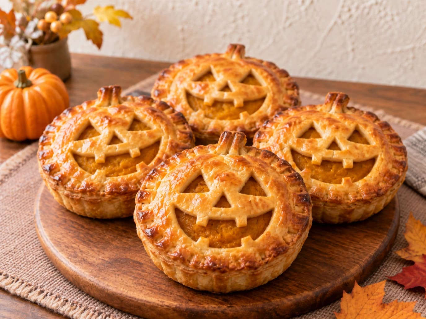 ジャック・オー・ランタンの顔をかたどったミニパンプキンパイ。マロンドールかぼちゃで作るハロウィン向けスイーツ