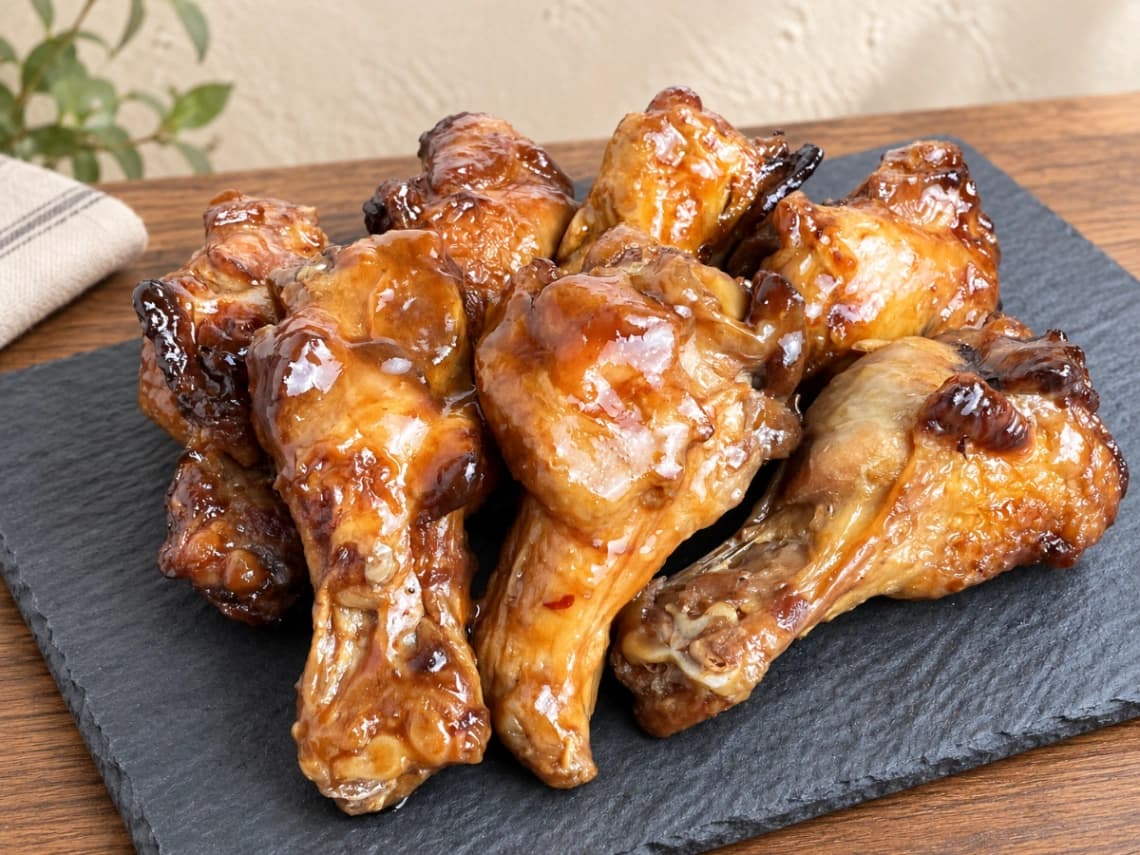 コストコBBQチキンを黒いプレートに盛り付け｜照りのある手羽元