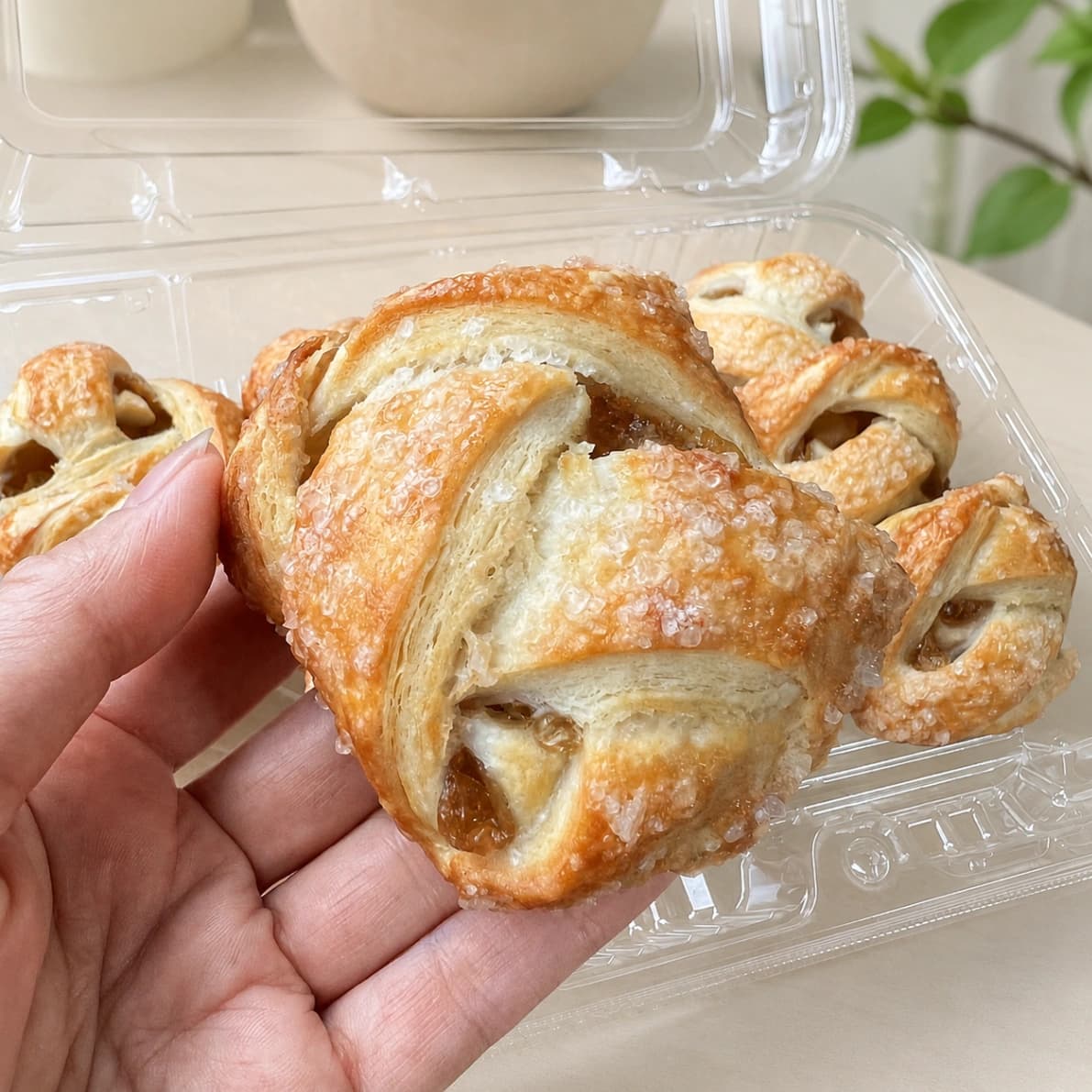 コストコのミニアップルキャラメルシュトルーデルを手に持った画像とサイズ感