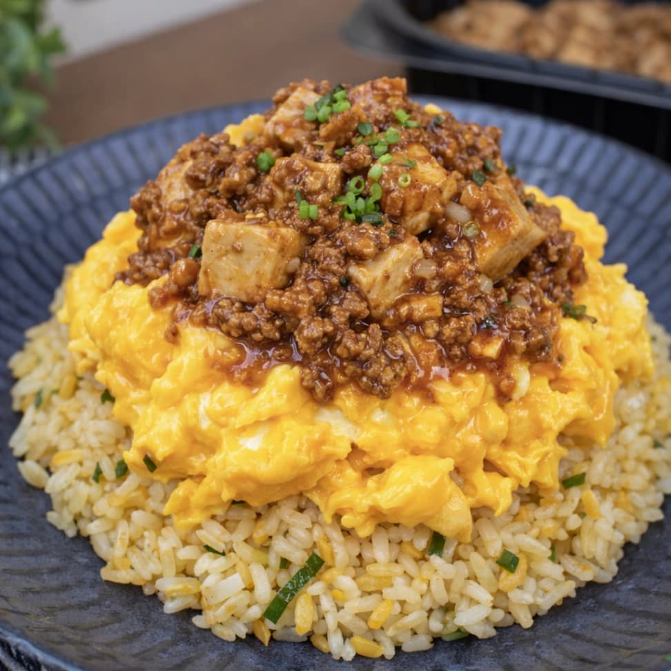 ふわふわ半熟卵をのせたオム麻婆風アレンジ。コストコの麻婆チャーハンを豪華ランチ風に盛り付けた実食写真