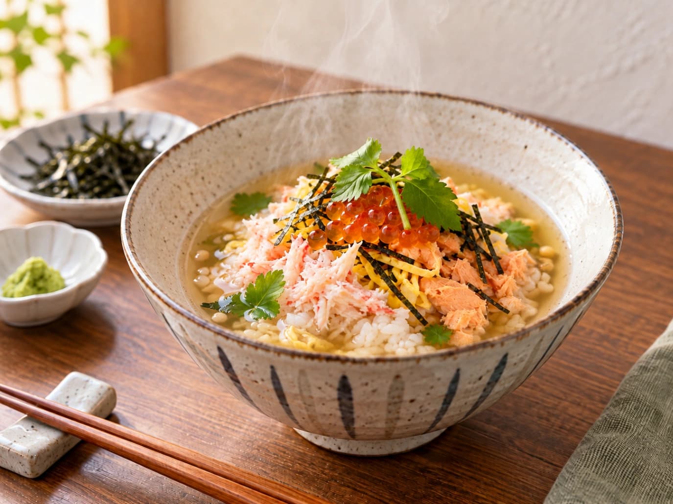 コストコ「蟹と鮭のちらし寿司」をアレンジした海鮮だし茶漬けの完成イメージ