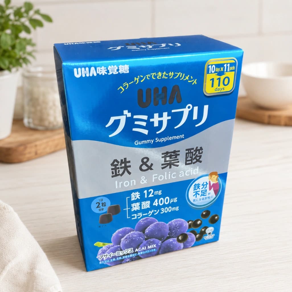 UHA味覚糖グミサプリ鉄＆葉酸のパッケージ正面、鉄・葉酸配合のコストコ販売商品