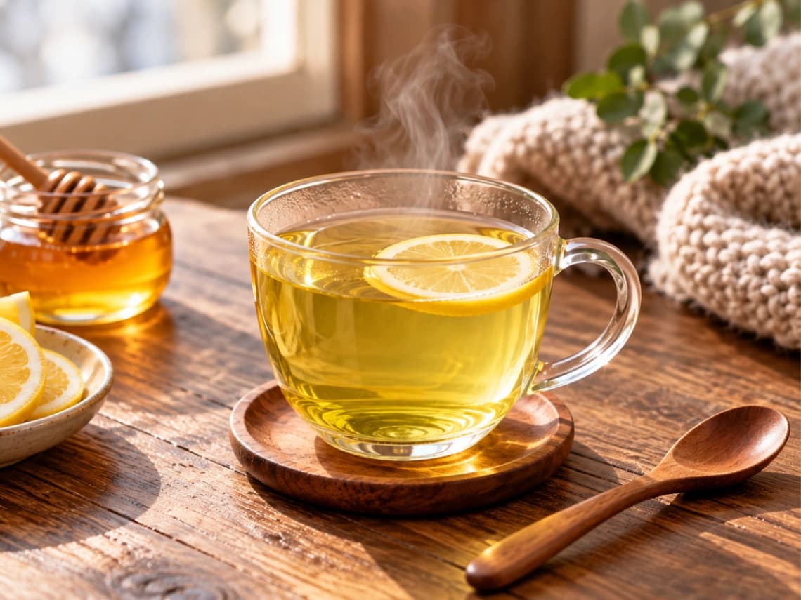 コストコのアイリス「綠レモンフレーバー」を温め、はちみつを加えたホット緑茶レモンのアレンジ。レモンスライスを浮かべた温かいお茶