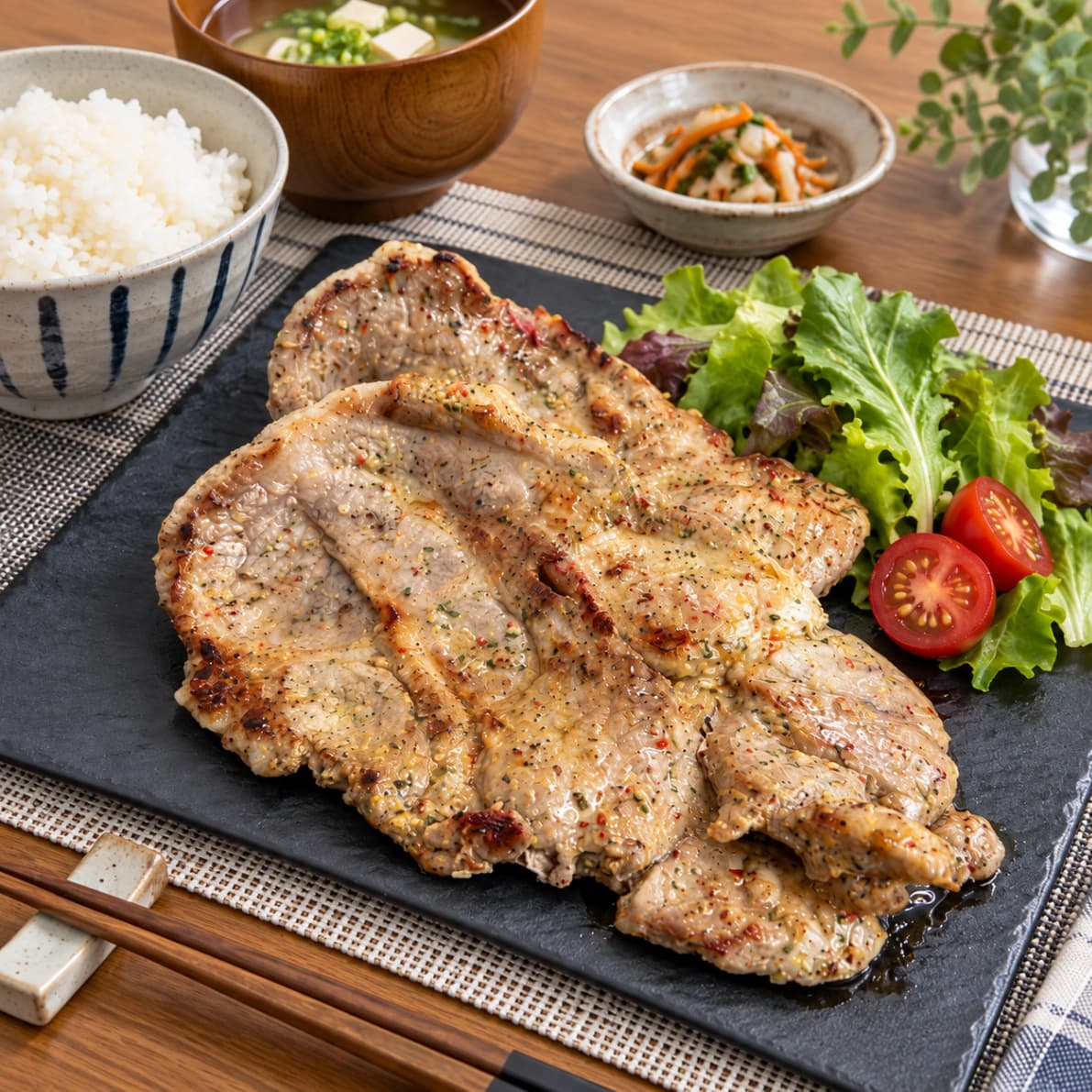 コストコのポークステーキ ガーリック＆ハーブを焼いて、ご飯・味噌汁・サラダと盛り付けた食卓