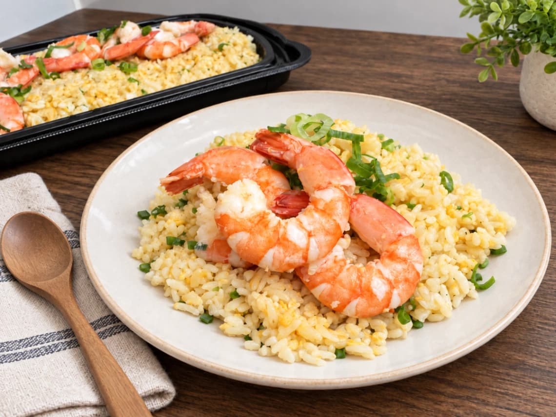 コストコ にんにくエビ炒飯 お皿に盛り付けた状態