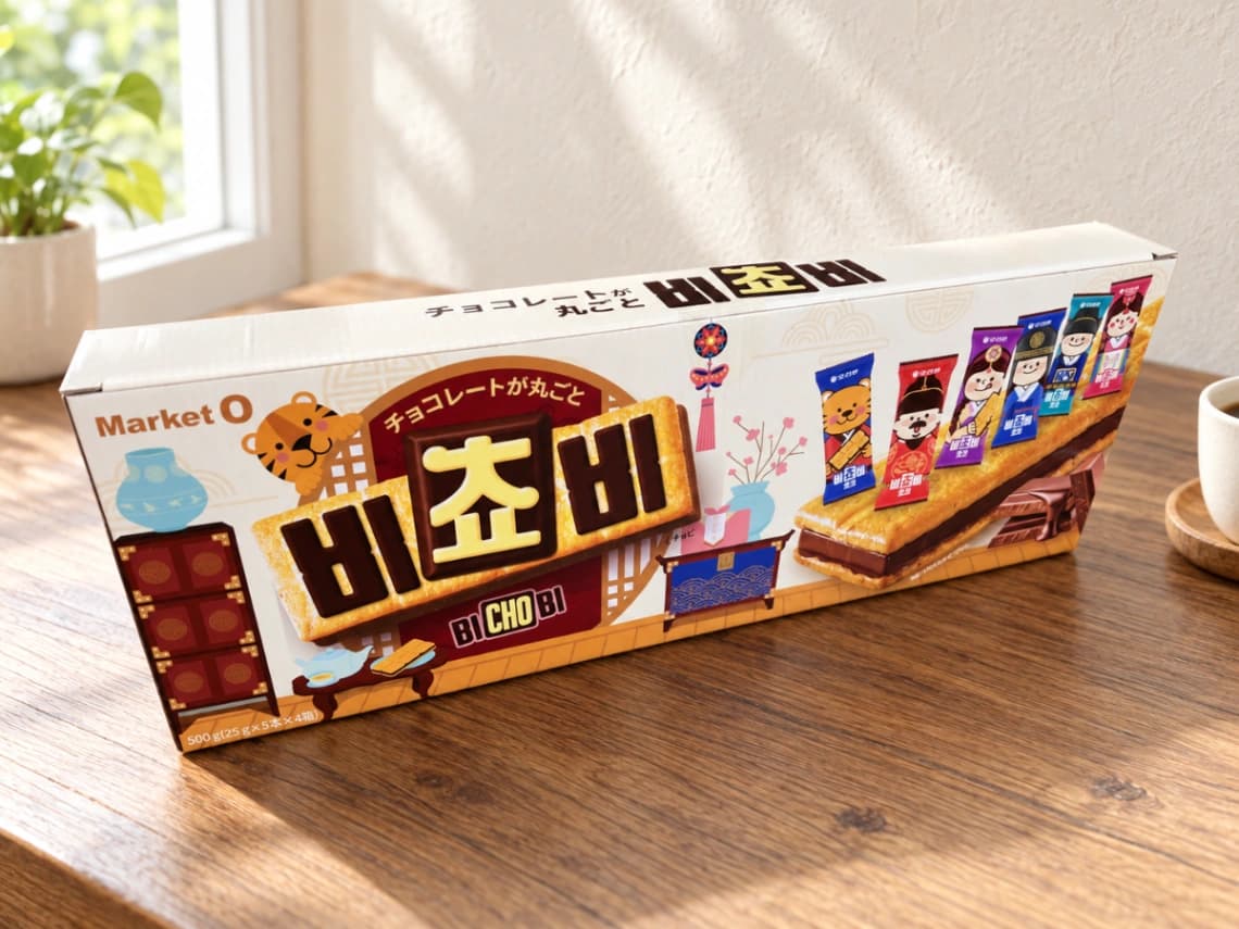 コストコで販売されているMarket O「ビチョビ」500g入りの外箱パッケージ。韓国の人気チョコビスケットで、可愛いキャラクターが描かれた4箱セット