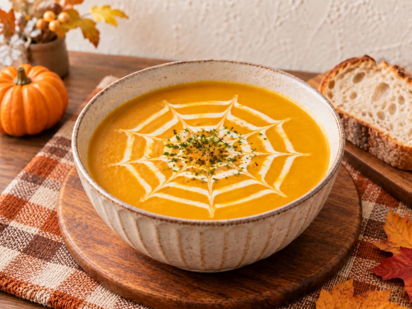 コストコのマロンドールかぼちゃで作ったパンプキンポタージュ。表面にクモの巣模様を描いたハロウィン風スープ