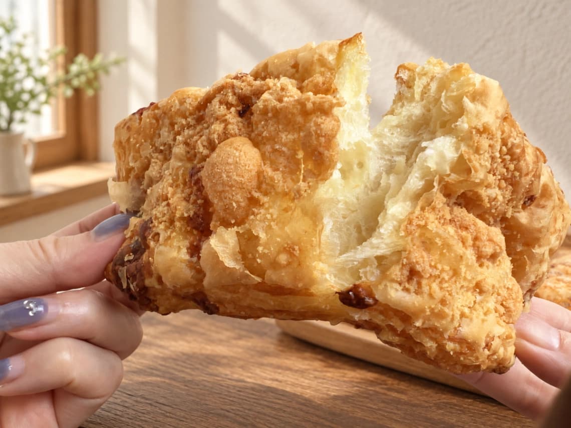 コストコのチーズパフデニッシュを手で割った断面｜サクサクの層がわかる食感