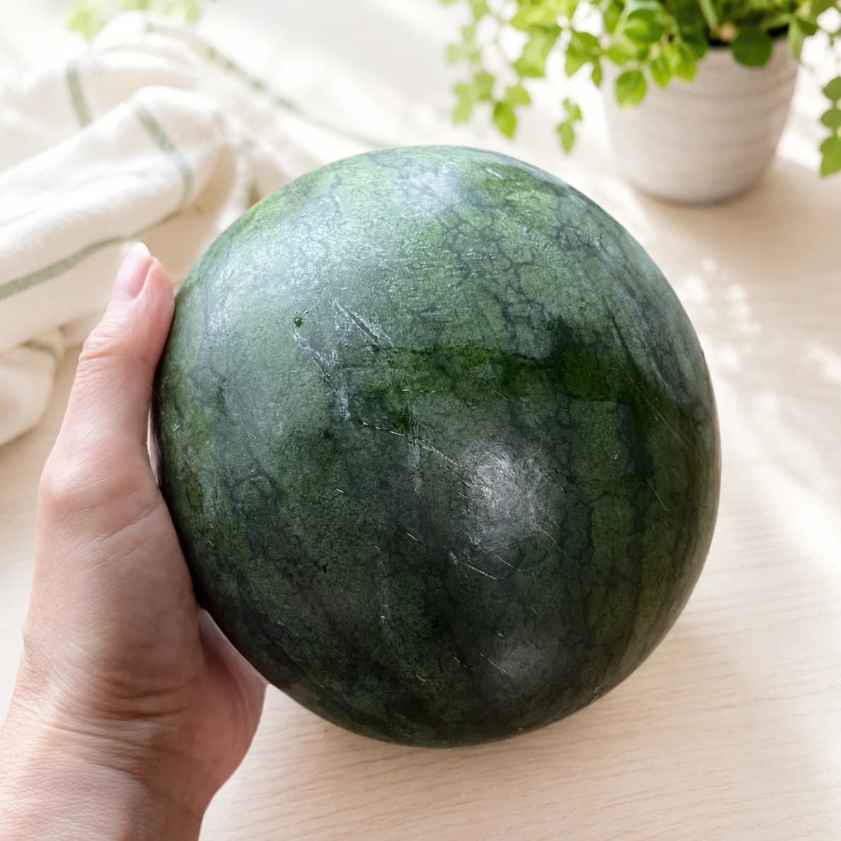 コストコの小玉すいかのサイズ感がわかる手を添えた画像