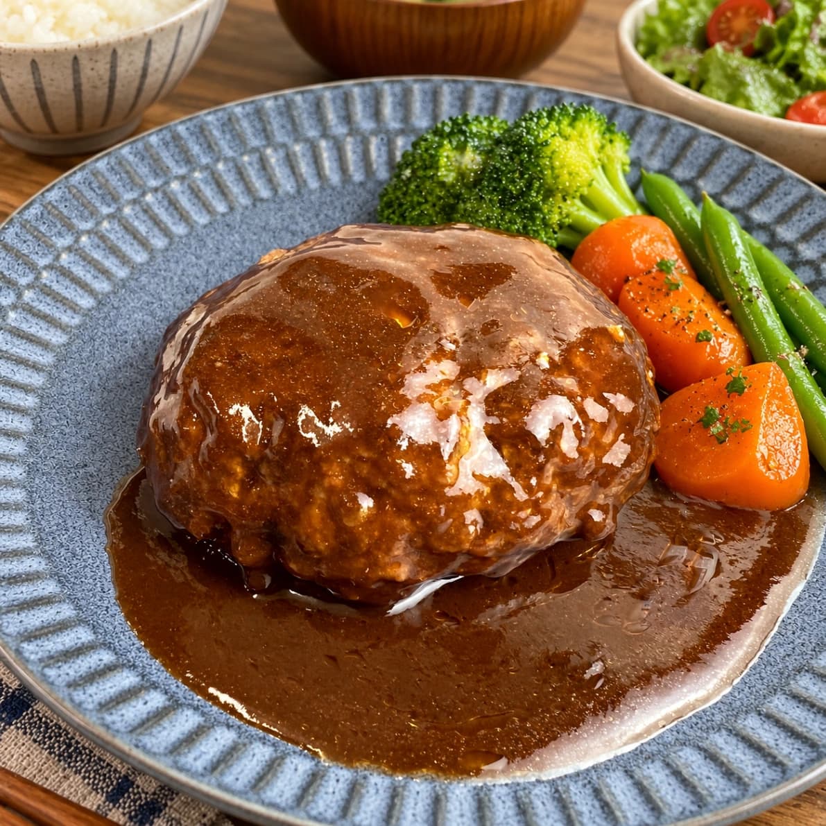 コストコのデミグラスハンバーグステーキを野菜と一緒に盛り付けた一皿・濃厚ソースとブロッコリー