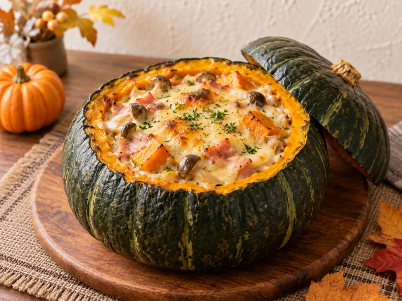 コストコのマロンドールかぼちゃを丸ごと使ったハロウィングラタン。チーズがこんがり焼けた、秋らしい食卓風景