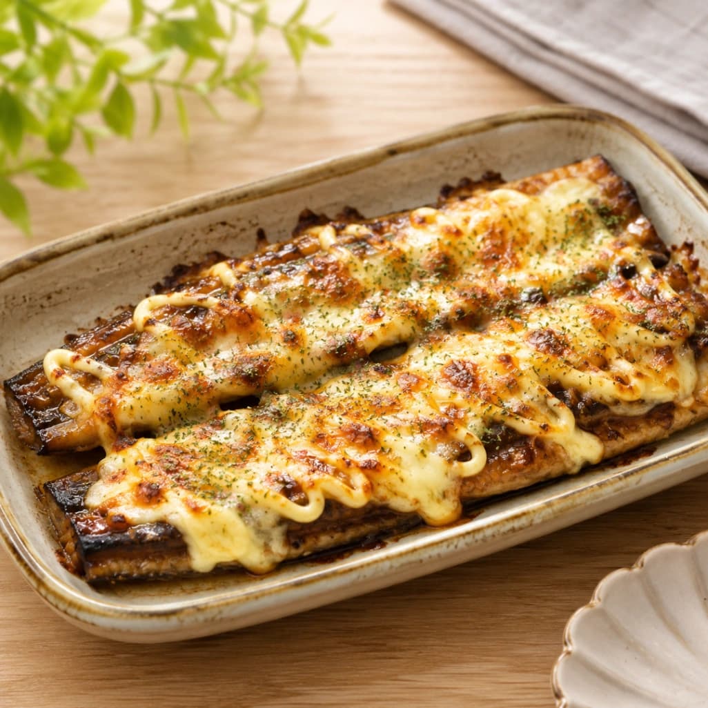 コストコのさんま蒲焼にマヨネーズとチーズをのせて焼いたアレンジレシピ画像