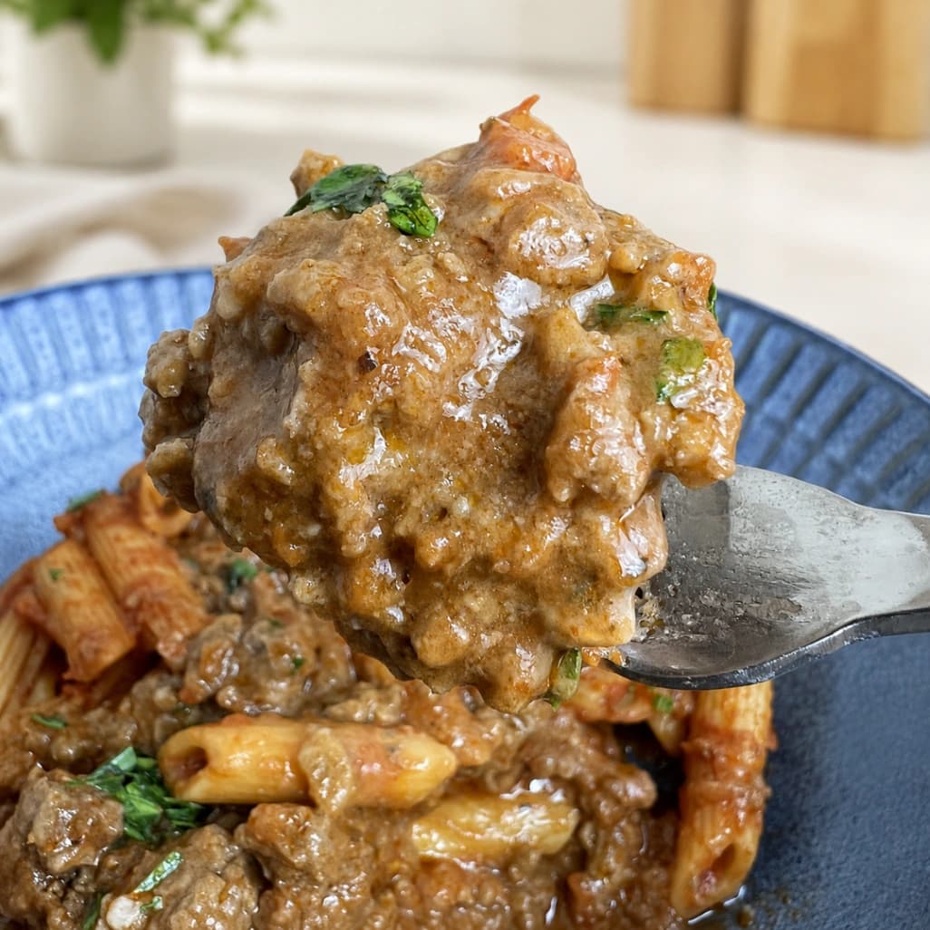 コストコのラグーペンネの牛挽肉のかたまり