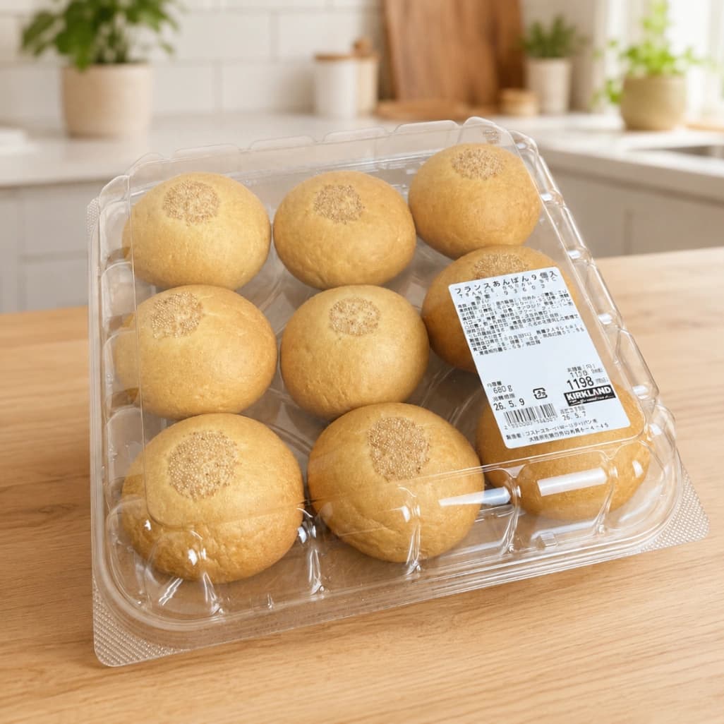 コストコのフランスあんぱん9個入の透明パックと丸いあんぱんが並んだ商品画像